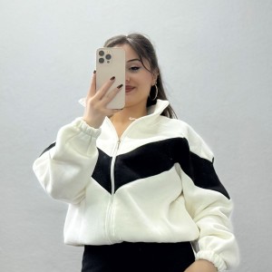 3 İplik Oversize Fermuarlı Sweat Ekrusiyah - 42504.1878.