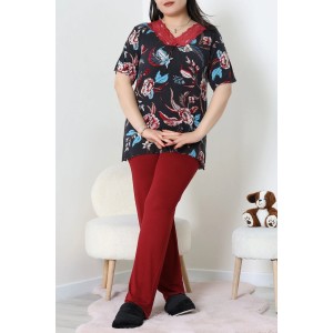 Büyük Beden Dantelli Pijama Takımı Bordobeyaz - 71500.1773.