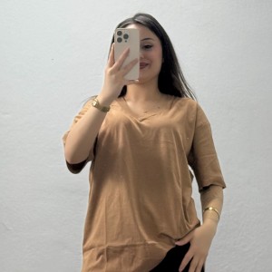 V Yaka Oversize Lüx Penye Tişört Sütlükahve - 90900.1878.