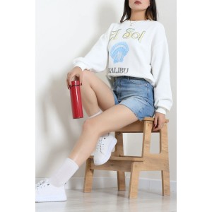 Quzu İki İplik Baskılı Sweatshirt Beyaz - 75369.2002.