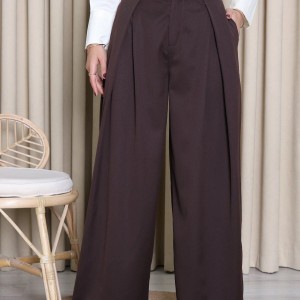 Kemerli Pileli Geniş Paça Pantolon Kahve - 75378.2203.